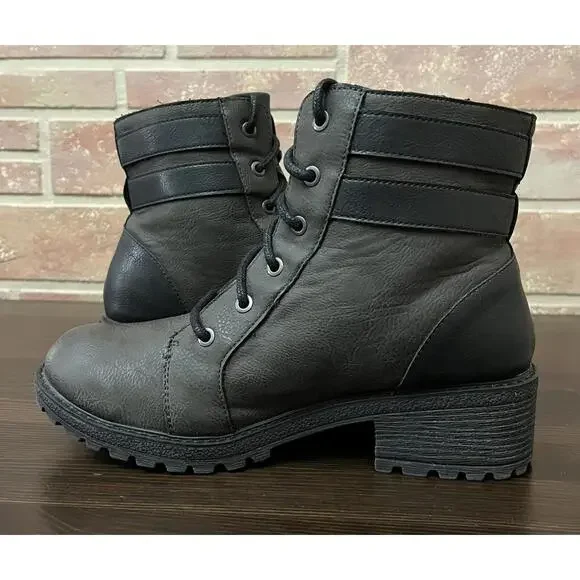 Born Boc Womens Godfrey Combat Boots Olive Black Straps Ankle Block Zip 9.5 - Picture 6 of 9